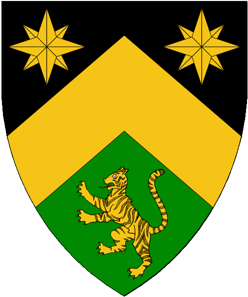 [Per chevron sable and vert, a chevron between two compass stars Or and a natural tiger rampant Or marked sable.]