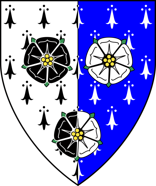 [Per pale ermine and azure ermined argent, three roses counterchanged sable and argent, all barbed and seeded proper	  ]