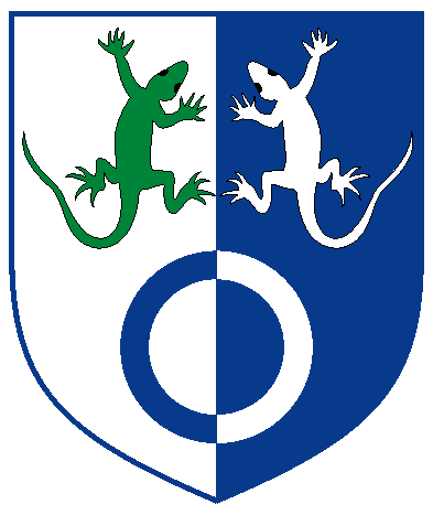 [Per pale argent and azure, two anoles tergiant palewise respectant vert and argent and an annulet counterchanged	  ]