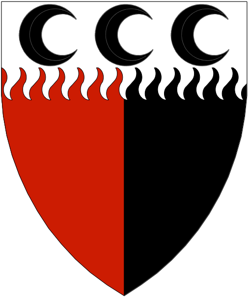 [Per pale gules and sable, on a chief rayonny argent three decrescents sable.]
