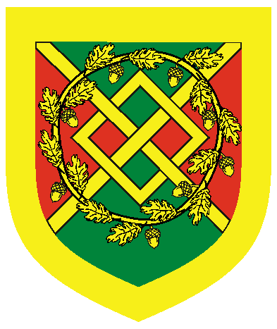 [Per saltire vert and gules, a fret and overall an oak chaplet, a bordure Or	  ]