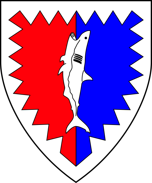 [Per pale gules and azure, a shark haurient within a bordure indented argent]