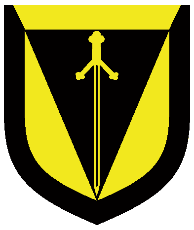 [	  Or, on a pile sable a claymore inverted Or, a bordure counterchanged.]