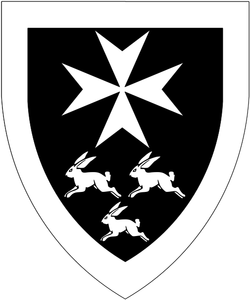 [Sable, a Maltese cross and in base three coneys courant two and one, a bordure argent.]