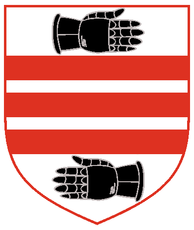 [Argent, three bars gules between a gauntlet aversant fesswise reversed and a sinister gauntlet fesswise sable	  	  	  ]