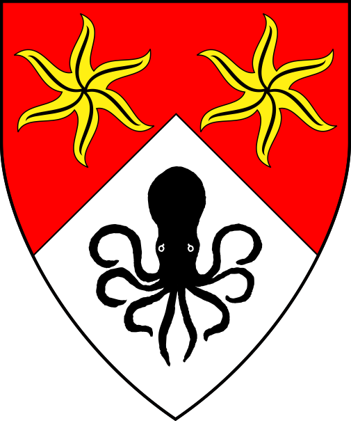 [Per chevron gules and argent, two estoiles Or and a polypus sable]