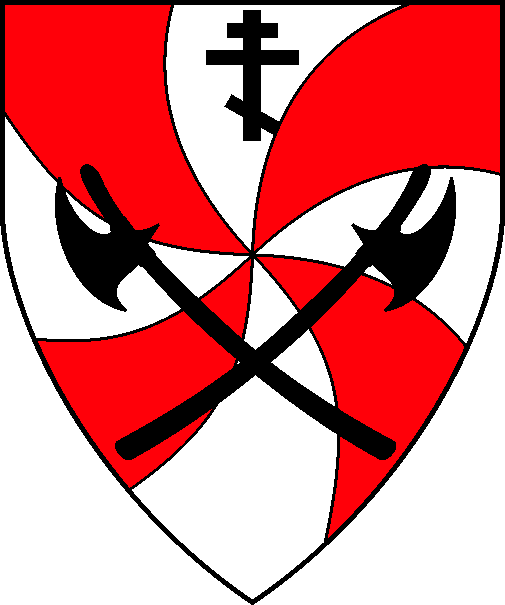 [Gyronny arrondi gules and argent, two Danish axes in saltire and in chief a Russian Orthodox cross sable]