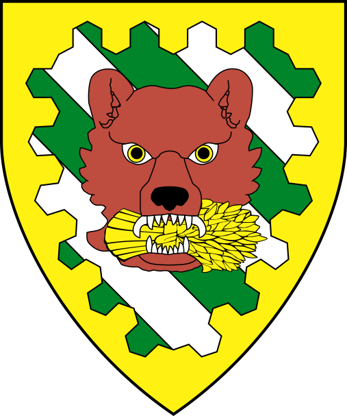 [Bendy argent and vert, a bear's head cabossed proper maintaining in its mouth a garb fesswise reversed, a bordure urdy Or]