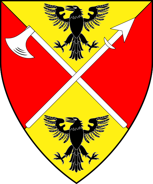 [Per saltire Or and gules, in saltire an axe and a spear argent between in pale two ravens displayed sable]