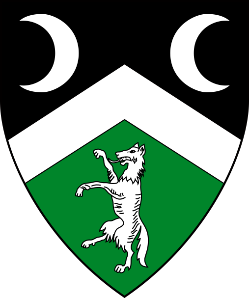 [Per chevron sable and vert, a chevron between an increscent, a decrescent, and a wolf rampant argent]