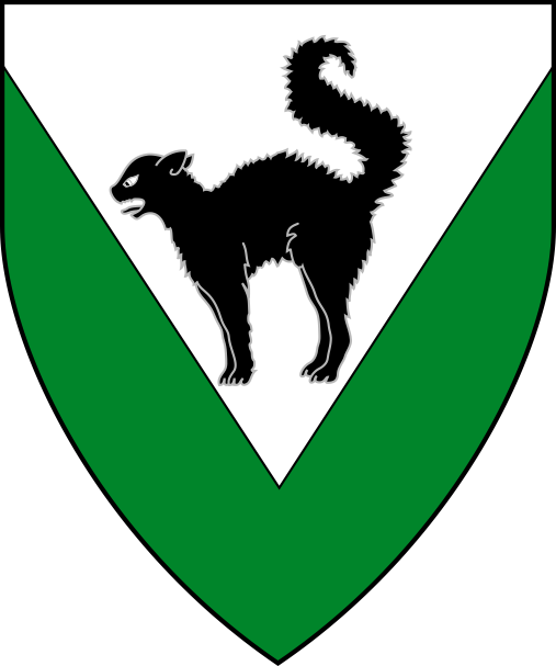 [Per chevron inverted argent and vert, in chief a cat herissony sable]