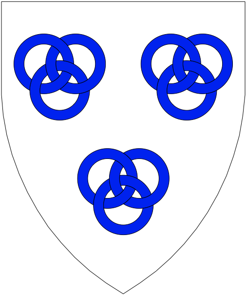 [Argent, three sets of three annulets interlaced two and one azure.]