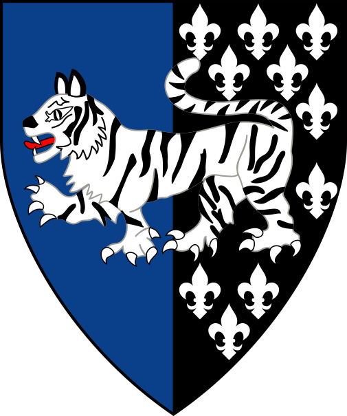 [Per pale azure and sable semy-de-lis, a natural tiger passant argent marked sable]