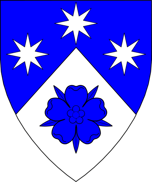 [Per chevron azure and argent, three mullets of eight points one and two and a rose counterchanged.]