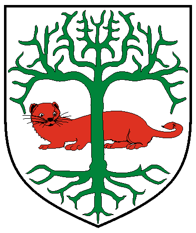 [Argent, a weasel couchant guardant gules, overall a tree blasted and eradicated vert	  ]