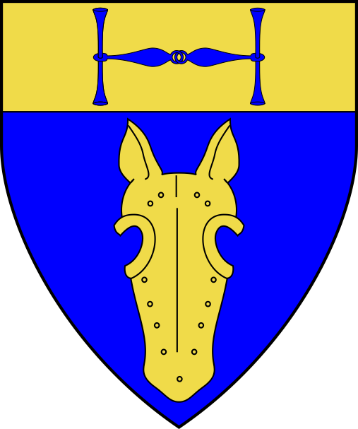 [Azure, a chamfron and on a chief Or a snaffle-bit azure]