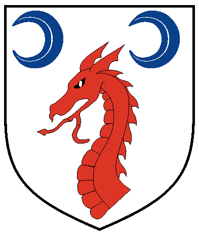 [	 Argent, a dragon's head couped gules and in chief two increscent moons azure. 	  ]