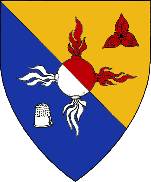 [Per bend Or and azure, a fireball between in bend sinister a trillium inverted and a thimble counterchanged gules and argent.]