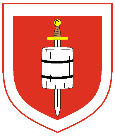 [Gules, a sword inverted proper surmounted by a barrel palewise argent, banded sable, all within a bordure argent	  ]