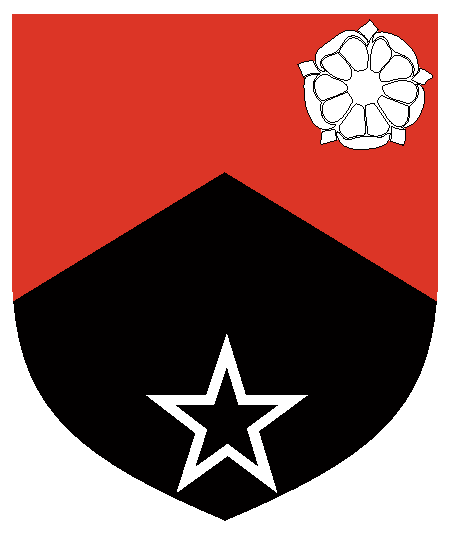 [	  Per chevron gules and sable, in sinister chief a rose in base a mullet voided argent.]