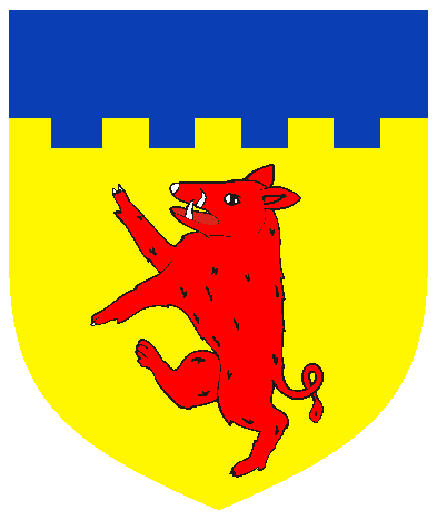 [	  Or, a boar rampant gules and a chief embattled azure]
