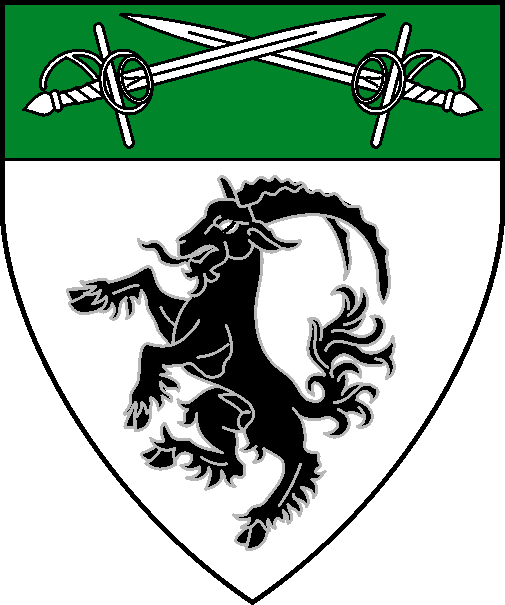 [Argent, a goat rampant sable, on a chief vert two rapiers in saltire argent]