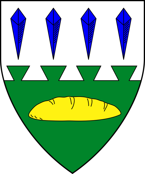 [Per fess dovetailed argent and vert, four passion nails azure and a loaf of bread Or]