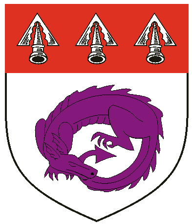 [Argent, a wingless dragon dormant involved in annulo purpure and on a chief gules three pheons inverted argent	  ]