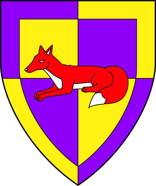 [Quarterly Or and purpure, a fox couchant proper within a bordure counterchanged]