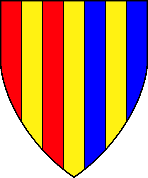 [Per pale gules and azure, three pallets Or]