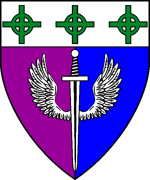 [Per pale purpure and azure, a winged sword inverted, wings displayed, and on a chief argent three equal-armed Celtic crosses vert	  ]