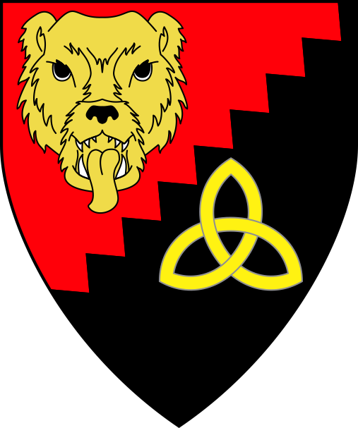 [Per bend sinister indented gules and sable, a bear's head caboshed and a triquetra Or]