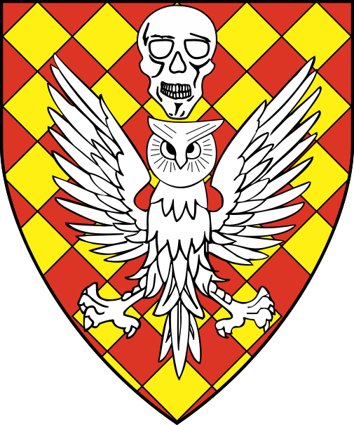[Lozengy gules and Or, an owl displayed and in chief a skull argent]