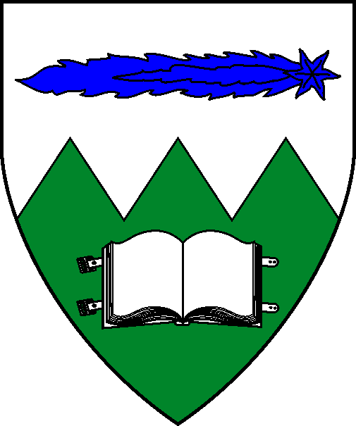 [Per fess indented argent and vert, a comet fesswise reversed azure and an open book argent]