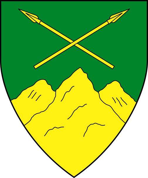 [Vert, in pale two spears in saltire and a mountain of three peaks issuant from base Or]