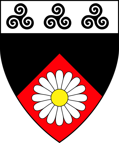 [Per chevron sable and gules, in base a daisy proper, on a chief argent three triskelions of spirals sable]