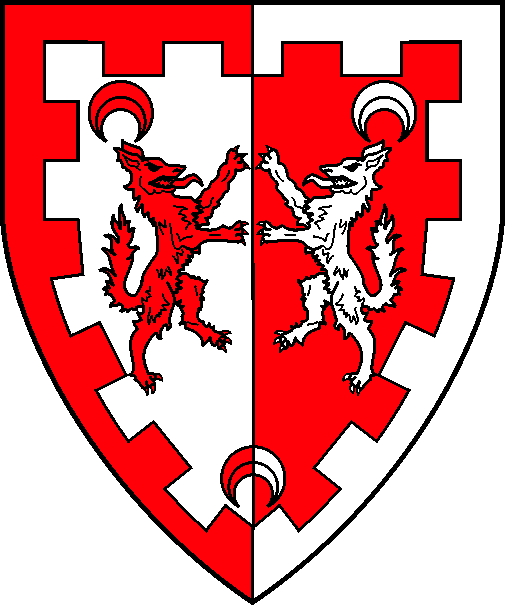 [Per pale argent and gules, two wolves combatant between three crescents pendant, a bordure embattled counterchanged]
