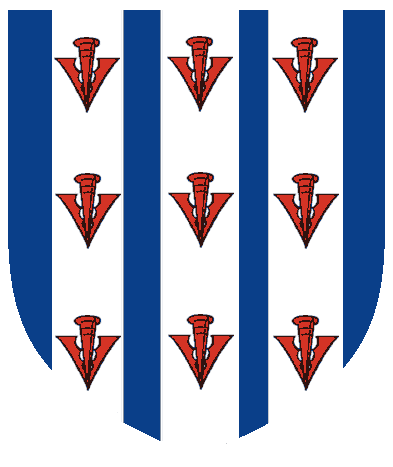 [Azure, three pallets argent, each charged with three broad-arrows gules.]