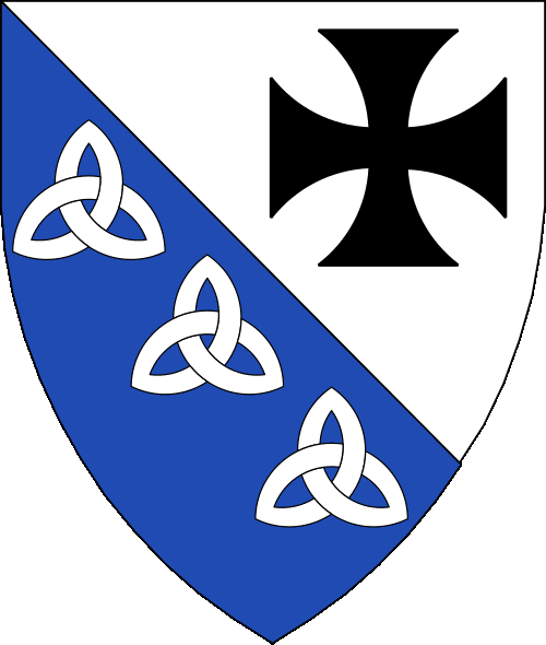 [Per bend argent and azure, a cross formy sable and three triquetrae argent.]