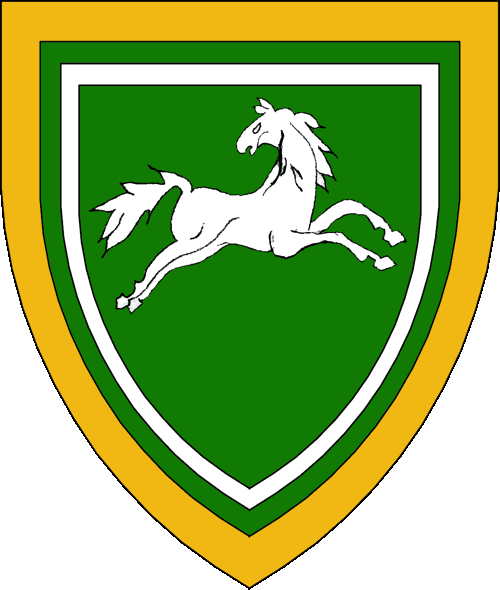 [Vert, a horse courant regardant contourny within an orle argent and a bordure Or.]