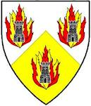 [Per chevron argent and Or, three flames proper, each charged with a tower sable.
	  ]