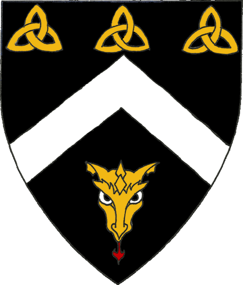 [Sable, a chevron argent between three triquetras and a dragon's head cabossed Or.]