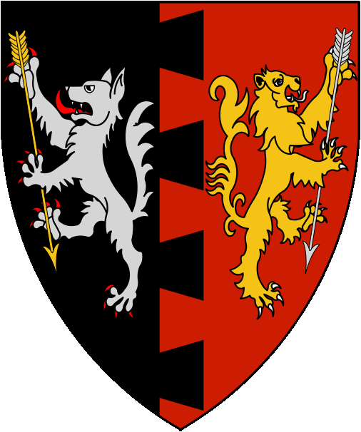 [Per pale dovetailed sable and gules, a wolf argent and a lion Or rampant addorsed, each maintaining an arrow, counterchanged Or and argent.]