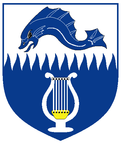 [Per fess rayonny argent and azure, in chief a dolphin embowed and in base a lyre counterchanged, the lyre bridged Or	  ]