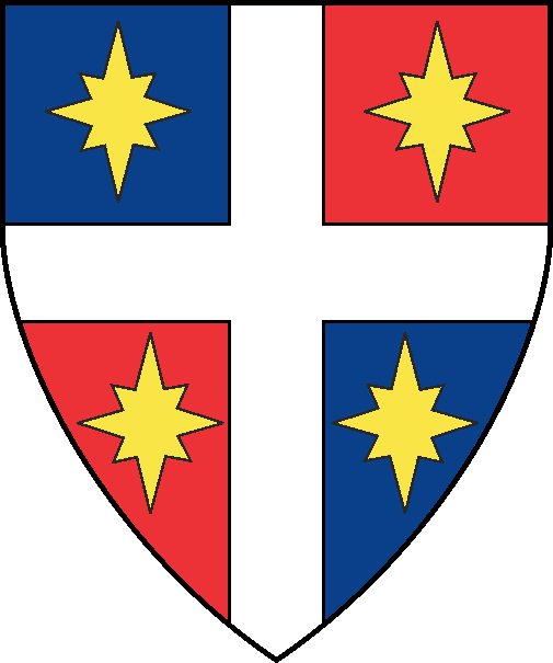 [Quarterly azure and gules, a cross argent between four compass stars Or]