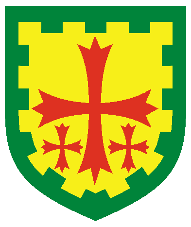 [Or, a Latin cross patonce between in base two others gules, all within a bordure embattled vert	  ]