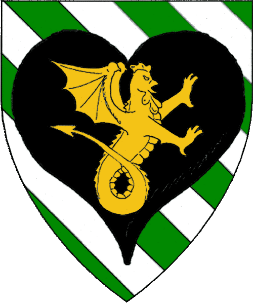 [Bendy vert and argent, on a heart sable a cockatrice erect contourny Or.]