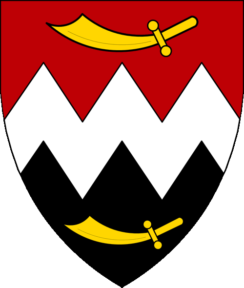 [Per fess gules and sable, a dance argent between two scimitars fesswise Or.]