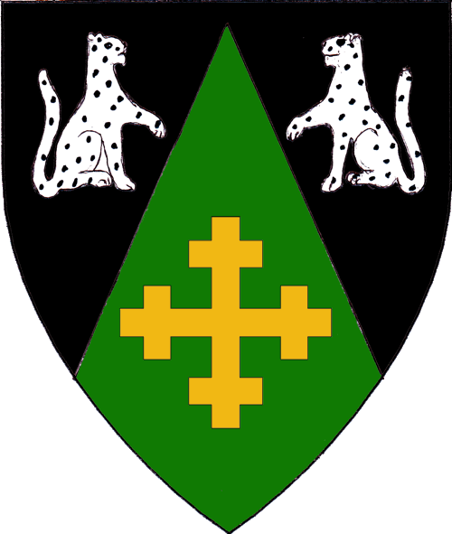 [Per chevron sable and vert, two leopards sejant respectant argent marked sable and a cross crosslet Or.]