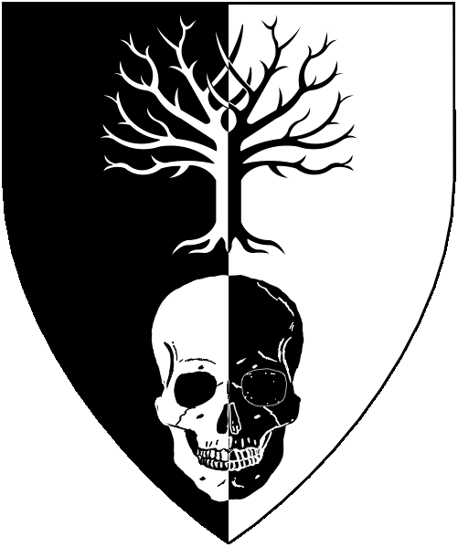 [Per pale sable and argent, in pale a tree blasted and a human skull counterchanged.]